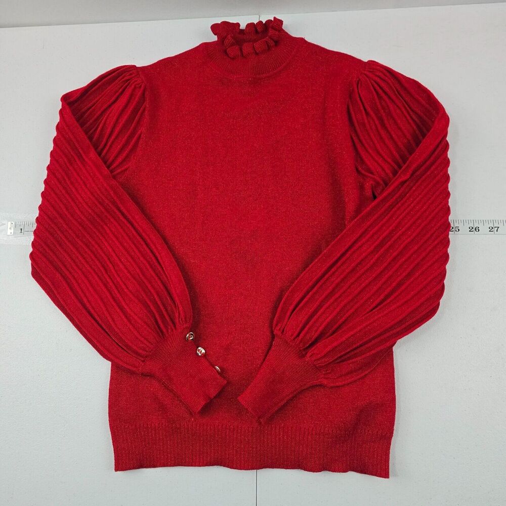Nanette Lepore Red Puff‎ Sleeve Sweater Ruffle Neck Metallic Knit Small 4695